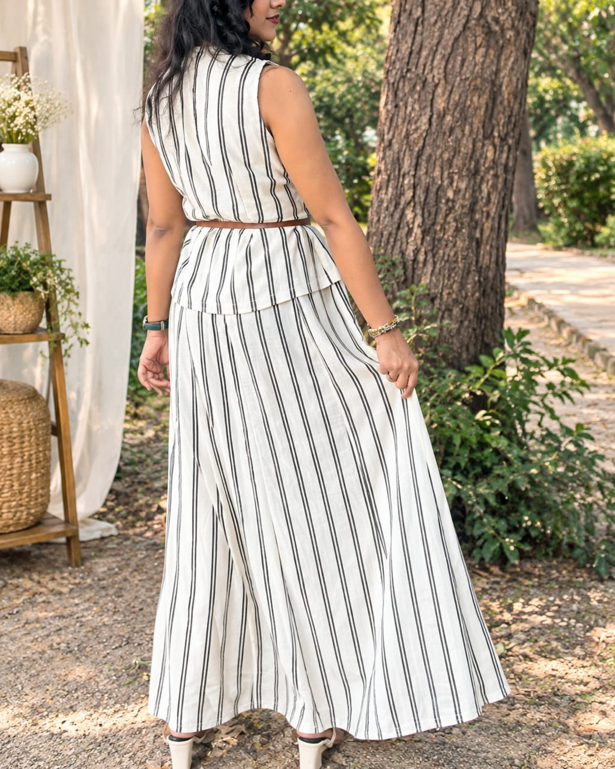 Women’s Black & White Striped Peplum Top & Flared Skirt Co-ord Set with Belt view 2