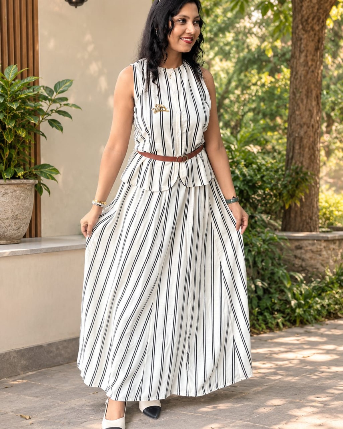Women’s Black & White Striped Peplum Top & Flared Skirt Co-ord Set with Belt - Dresses