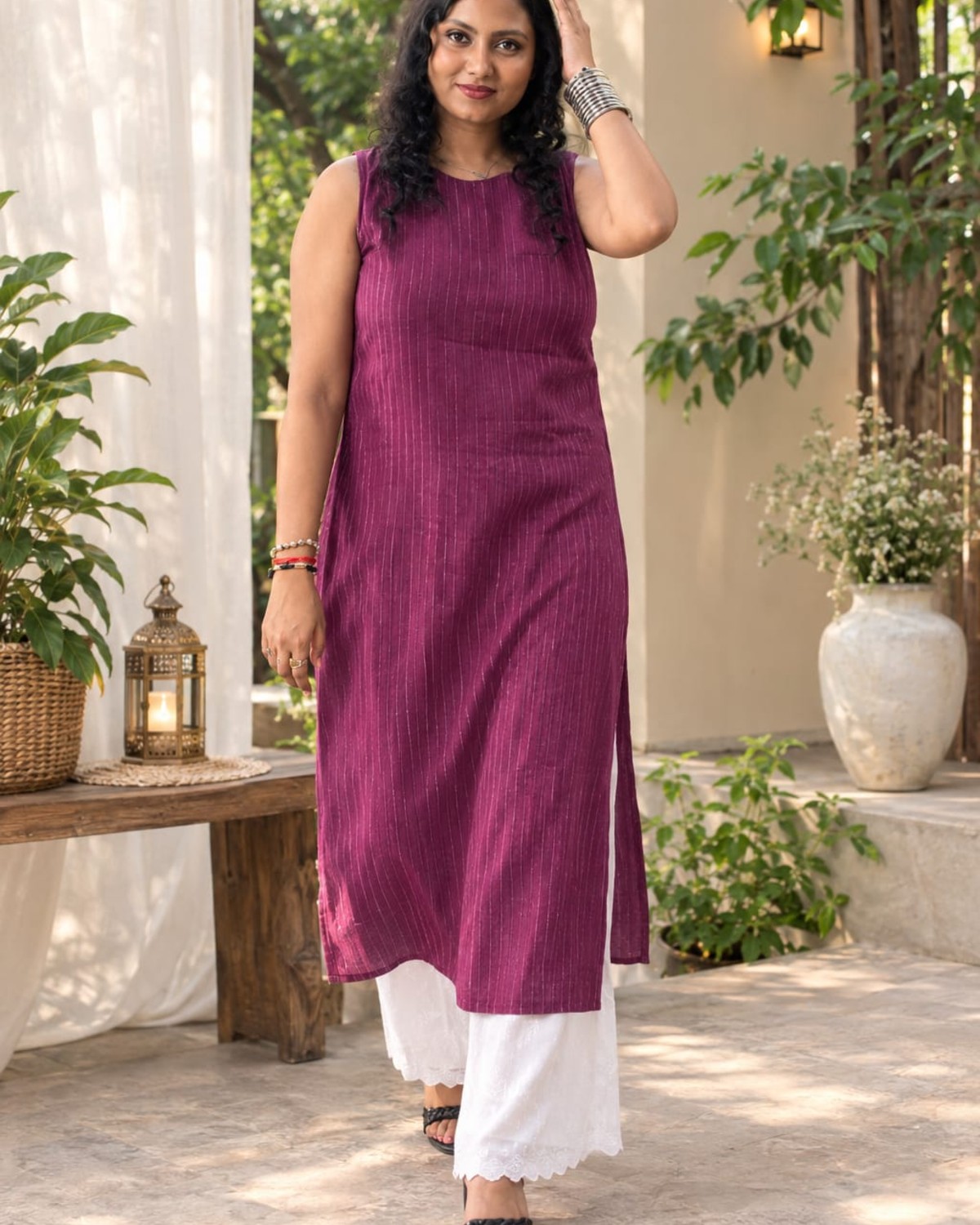 Women’s Wine Striped Sleeveless Kurti - Kurtis